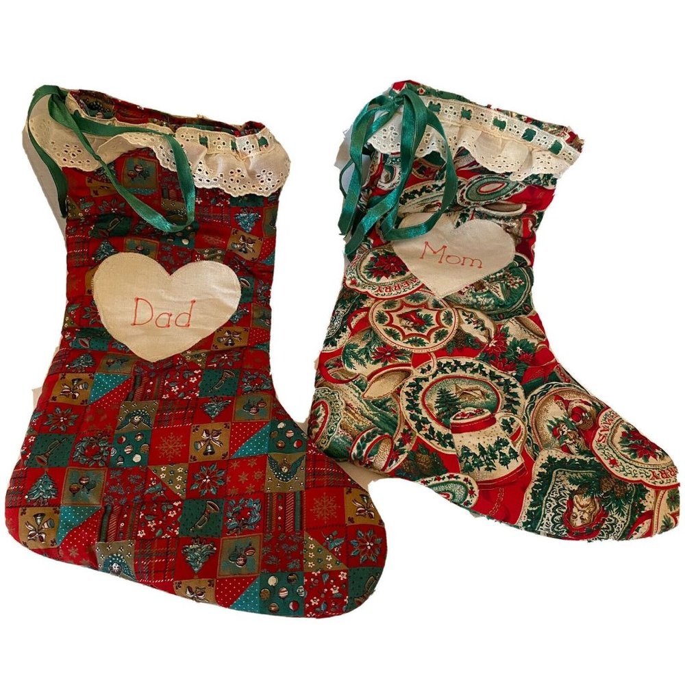 Handmade fabric Christmas stockings novelty prints applique Mom Dad hearts lace